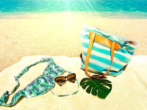 Summer Holiday Vacation Sunglasses Women Bikini Blue Bag Blanket Beach — Stock Photo, Image
