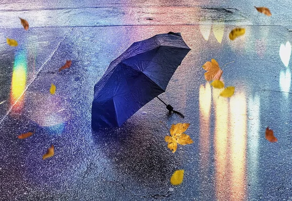 Autumn Leaves Rainy Evening Blurred Light Wet Asphalt Umbrella Street — Stock Photo, Image