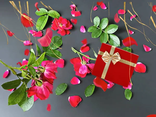 Flores Pétalos Rosas Rojas Festivas Hoja Verde Caja Regalo Roja — Foto de Stock