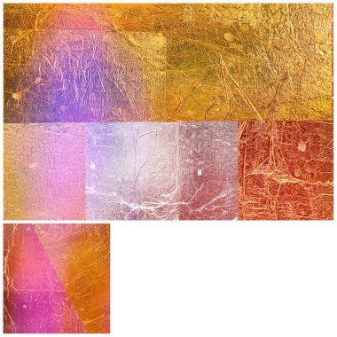 Altın rengi bronz klasik semboller kare kare geometrik şekiller kare kolaj seti soyut metal kağıt imalatı arka plan sanatı sarı pembe gri şablon