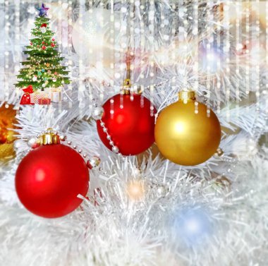 Noel tatili arka planı kırmızı top mavi kar taneleri metin şablonu illüstrasyon bayrak kolajı alıntıları