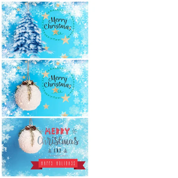 クリスマスの休日の背景白いボールと青の背景雪のフレーク引用テキストテンプレートイラストバナーコラージュ — ストック写真