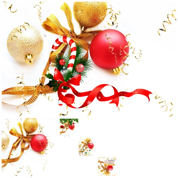 Kerstmis Vakantie Achtergrond Rood Goud Bal Blauw Sneeuwvlokken Citeert Tekst — Stockfoto