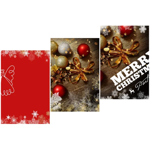クリスマスの休日の背景レッドゴールドボールブルー雪のフレーク引用テキストテンプレートイラストバナーコラージュ — ストック写真