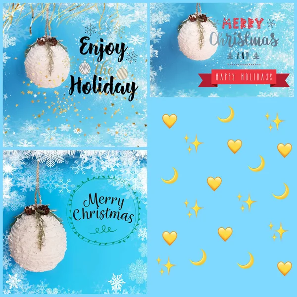 Natale Vacanza Sfondo Bianco Palla Blu Sfondo Fiocchi Neve Cita — Foto Stock