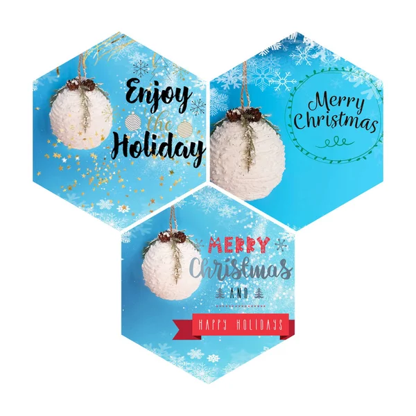 クリスマスの休日の背景白いボールと青の背景雪のフレーク引用テキストテンプレートイラストバナーコラージュ — ストック写真