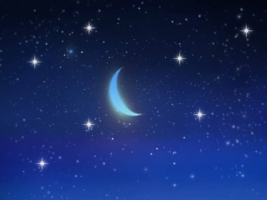 Yıldızlı gece gökyüzünde tropikal ay. Mavi evren. Kozmik parlak yıldızlar. 