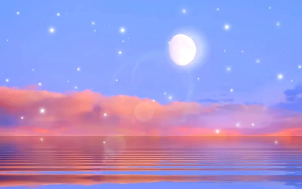 full moon  on starry night  blue summer sky at night  pink sunset cloudy light reflection on sea water wave , universe cosmic  bright stars and moonlight  background travel holiday