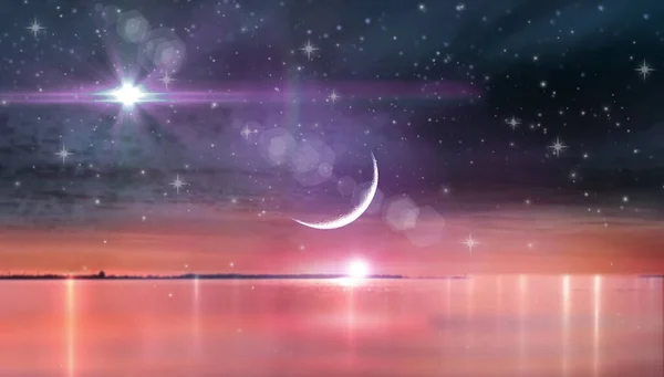 Moon and stars ,Lilac sunset reflection on sea water cloudy starry sky and moon seascape nature landscape