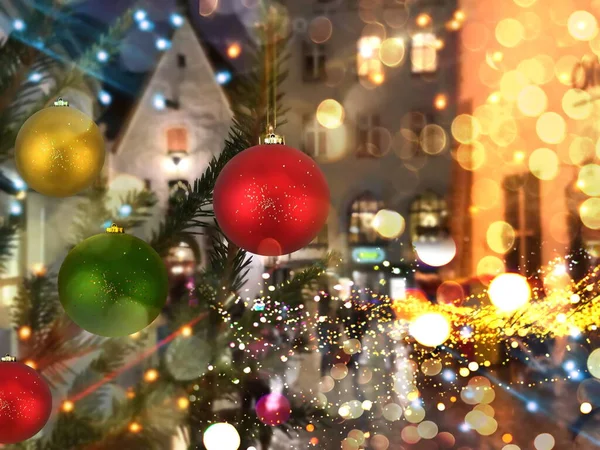 Karácsonyfa Dekoráció Piros Zöld Sárga Labda Elmosódott Megvilágítás Fény Zöld — Stock Fotó