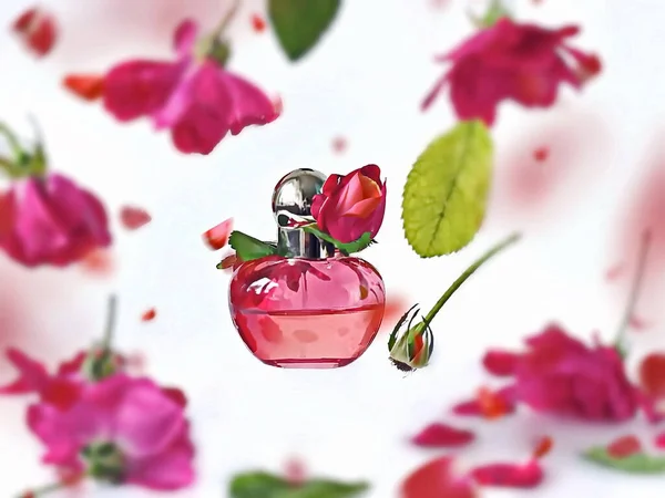 Parfümflasche Rot Gelb Glas Mit Rosen Blumen Blütenblatt Grüne Blätter — Stockfoto