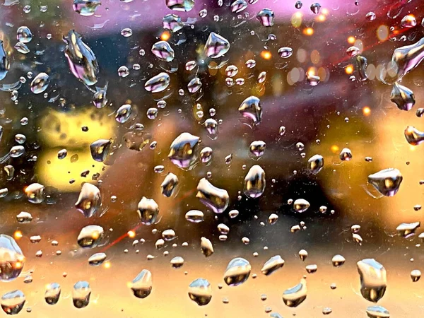 Rainy Drops Window City Autumn Night Blurred Light Reflection — Stock Photo, Image