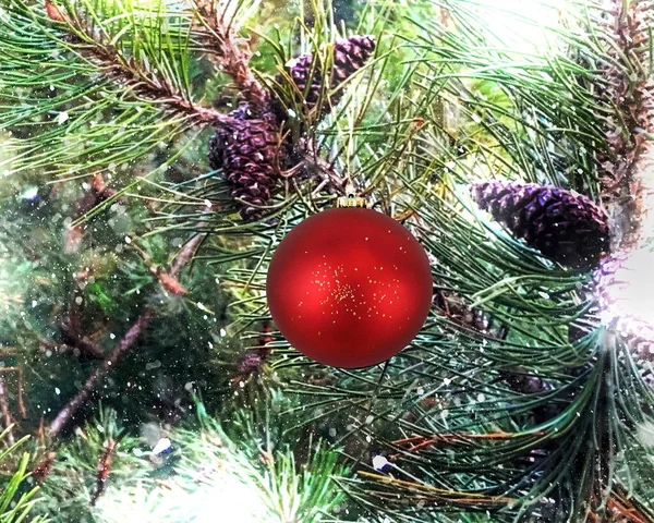 Festive Christmas Red Ball Green Tree Spruce Branch Cones Snowflakes — Stock Photo, Image