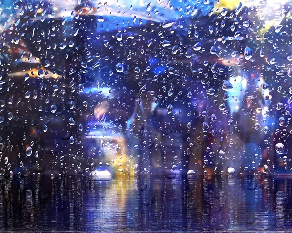 Regniga Gata Regn Droppar Glas Suddig Neon Kväll Ljus Höst — Stockfoto