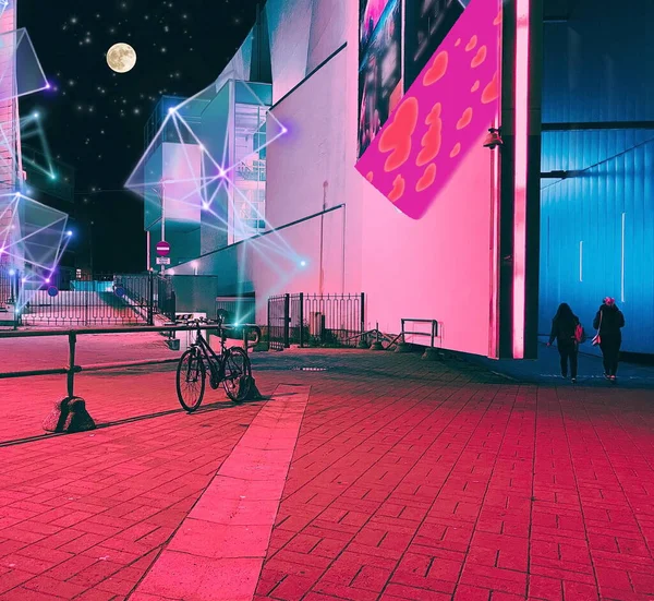 Нічне Місто Неонове Світло Вулична Лампа Люди Йдуть Сучасними Будівлями — стокове фото