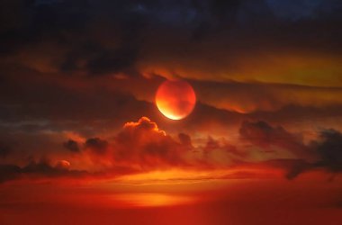 Bulutlu gökyüzünde altın turuncu gün batımı mavi gece ayı ve yıldızların doğa arka planı 