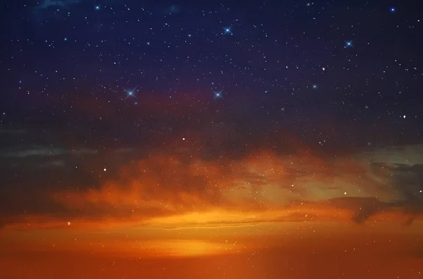 Oro Arancio Tramonto Nuvoloso Drammatico Cielo Blu Notte Cielo Stellato — Foto Stock