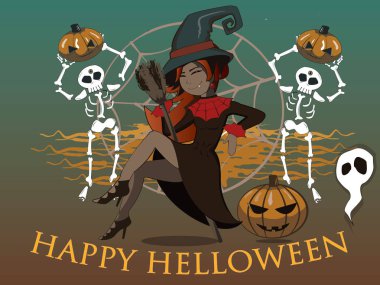 Cadı oturur ve bir kabak tutarak onun görevlileri iskeletler Bu Azizler Bayramı başlangıcı işaretler