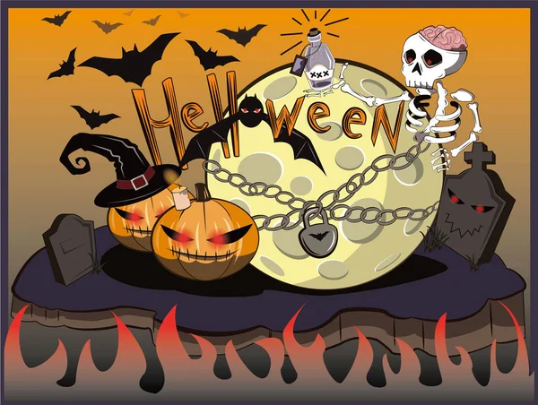 Thèmes Halloween Lune Est Verrouillée Feu Dessous Montre Comment Ouvrir — Image vectorielle