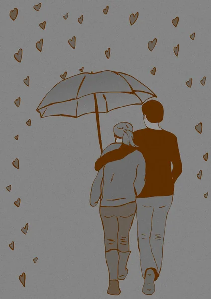 Vintage Image Couple Lover Hearts Rain — Stock Photo, Image