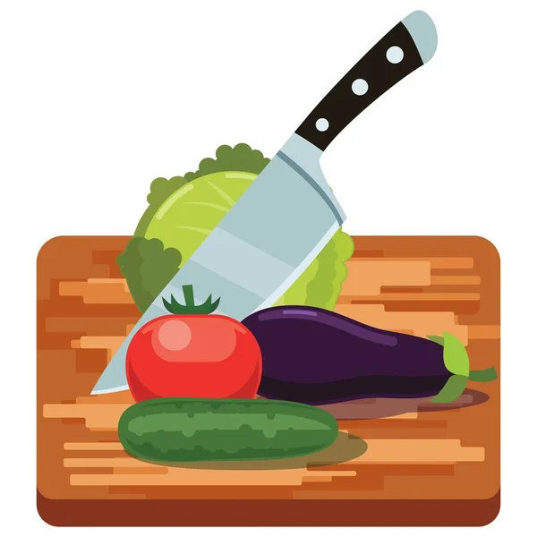 Friss zöldségek a Woden vágódeszka késsel — Stock Vector