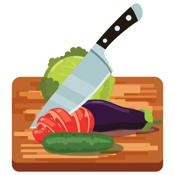 Friss zöldségek a Woden vágódeszka késsel — Stock Vector