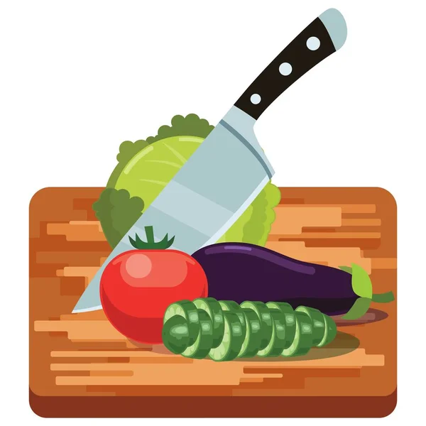 Verduras frescas en tabla de cortar de madera con cuchillo — Vector de stock