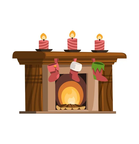 Chimenea Navidad Colorido Estilo Plano Dibujos Animados Nochebuena Medias Regalos — Archivo Imágenes Vectoriales