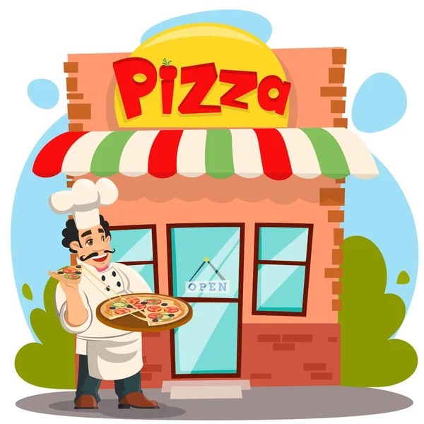 Χαμογελαστή σεφ μάγειρας σερβίρει πίτσα πιτσαρία κατάστημα — Διανυσματικό Αρχείο