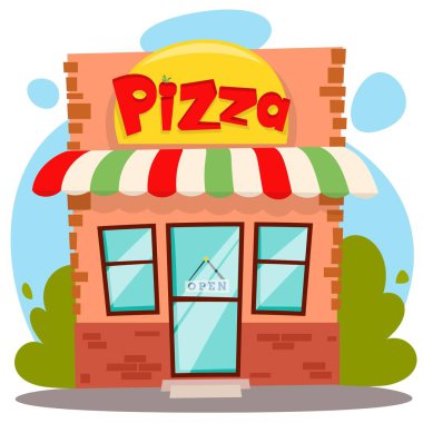 Pizza dükkanı binası ya da pizzacı cephesi düz çizgi film
