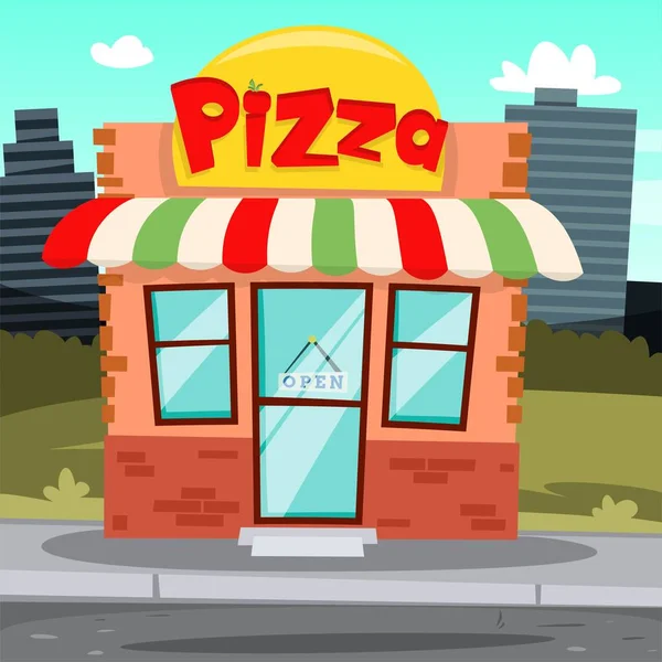 Επίπεδη πίτσα κατάστημα καρτούν κτίριο ή πιτσαρία πρόσοψη — Διανυσματικό Αρχείο