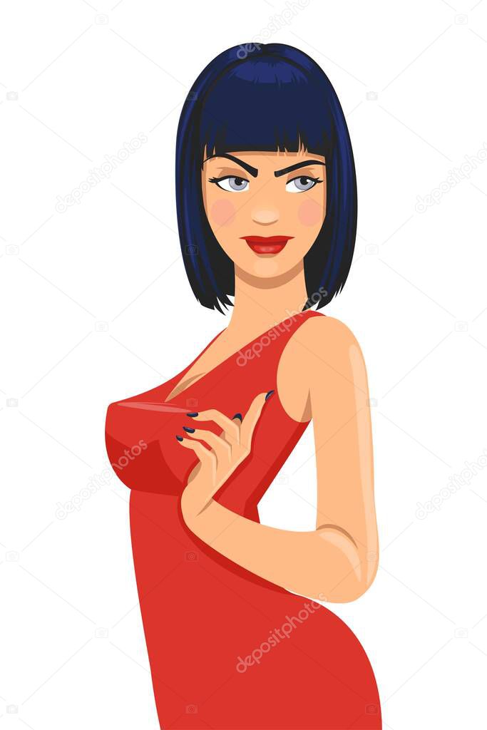 Beautiful young girl dressed in an elegant red dress on a white background. Illustration for a mocap product or an advertising banner. Illustration on white background.