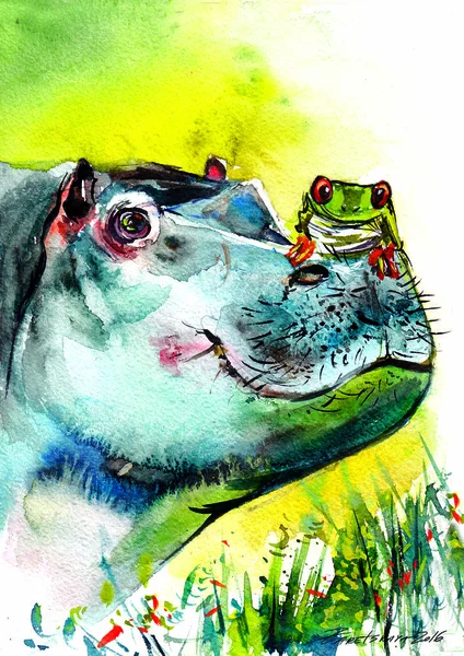 Hoppo ve kurbağa. Suluboya resim