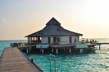 Beyaz kumlu güneşli sahil, hindistan cevizi palmiyeleri ve turkuaz deniz. Yaz tatili ve tropik plaj konsepti. Maldiv Adası 'ndaki su baskını.