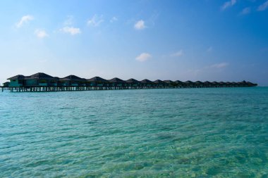 Beyaz kumlu güneşli sahil, hindistan cevizi palmiyeleri ve turkuaz deniz. Yaz tatili ve tropik plaj konsepti. Maldiv Adası 'ndaki su baskını.