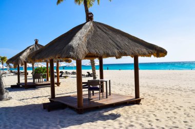 Palmiye ağaçları, beyaz plaj şemsiyeleri ve güneşli bir günde birkaç bulutla Aruba 'nın doğu yakasındaki Eagle Beach' in romantik Bucuti & Tara Resort 'unun nefes kesici manzarası.