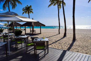 Palmiye ağaçları, beyaz plaj şemsiyeleri ve güneşli bir günde birkaç bulutla Aruba 'nın doğu yakasındaki Eagle Beach' in romantik Bucuti & Tara Resort 'unun nefes kesici manzarası.