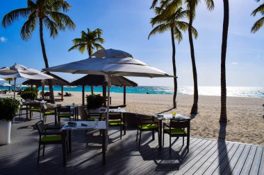 Palmiye ağaçları, beyaz plaj şemsiyeleri ve güneşli bir günde birkaç bulutla Aruba 'nın doğu yakasındaki Eagle Beach' in romantik Bucuti & Tara Resort 'unun nefes kesici manzarası.