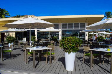 Palmiye ağaçları, beyaz plaj şemsiyeleri ve güneşli bir günde birkaç bulutla Aruba 'nın doğu yakasındaki Eagle Beach' in romantik Bucuti & Tara Resort 'unun nefes kesici manzarası.