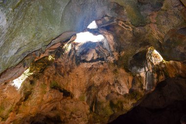 Karayip Denizi 'ndeki Aruba adasındaki Arikok Doğal Parkı' nda kayalık sahillerde çöller ve okyanus dalgaları var.