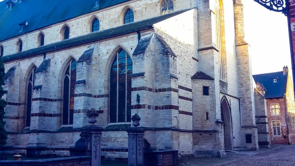 Leuven Vista Sobre Antiga Rua Paralelepípedos Belgas Com Casa Tijolos — Fotografia de Stock