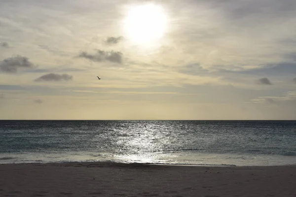 Hermosa Puesta Sol Dorada Playa Blanca Aruba Con Agua Turquesa — Foto de Stock