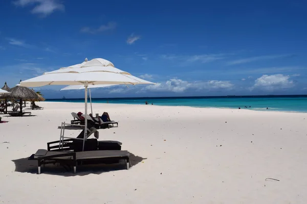 Vista Panorámica Playa Aruba Famosa Por Las Palmeras Agua Turquesa — Foto de Stock
