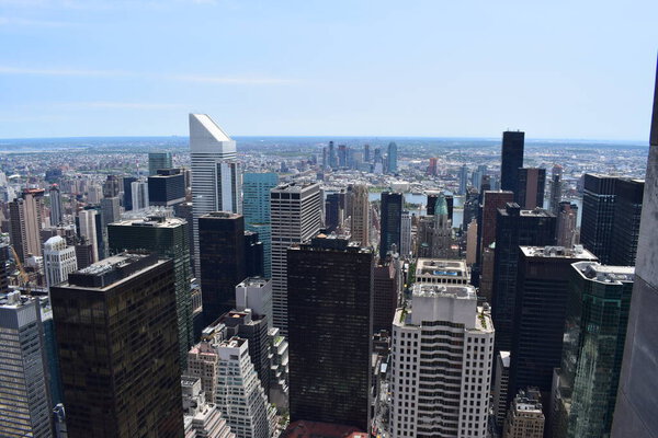New York Manhattan skyline from Top of the Rock observation deck, panoramic view in a sunny day on NY City