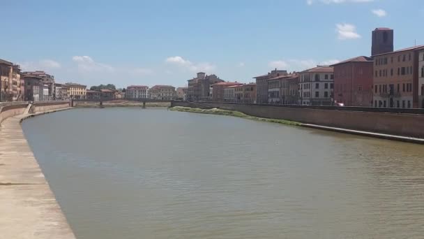 Red Flag Pisa Moved Wind Bridge Ponte Mezzo Arno River — Stock Video