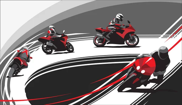 Dört Motosiklet yarışçıları yolda. Kırmızı motosiklet, gri arka plan.