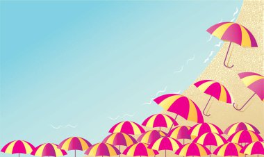 Uçan plaj şemsiyeleri, deniz ve kum ile arka plan.