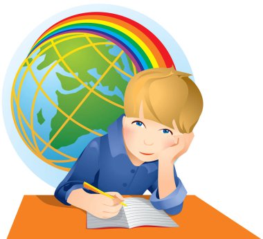 Okul çocuğu dünya ve gökkuşağı arka plan üzerinde oturur.