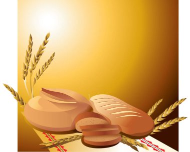Yuvarlak ekmek ve spikelets kahverengi bir zemin üzerine bir somun.