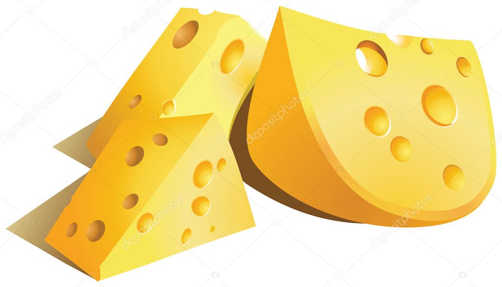 Three pieces of cheese on a white background.